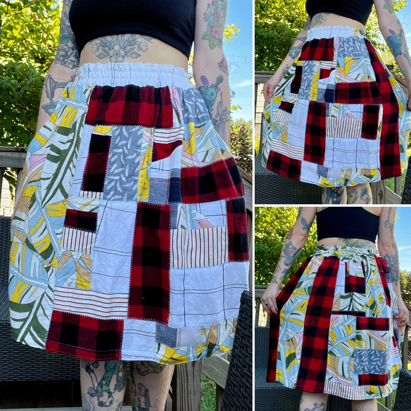 a collage of a fall plaid patchwork skirt, made of flannels, linen skirt fabrics, and a striped jacket, as viewed from different angles