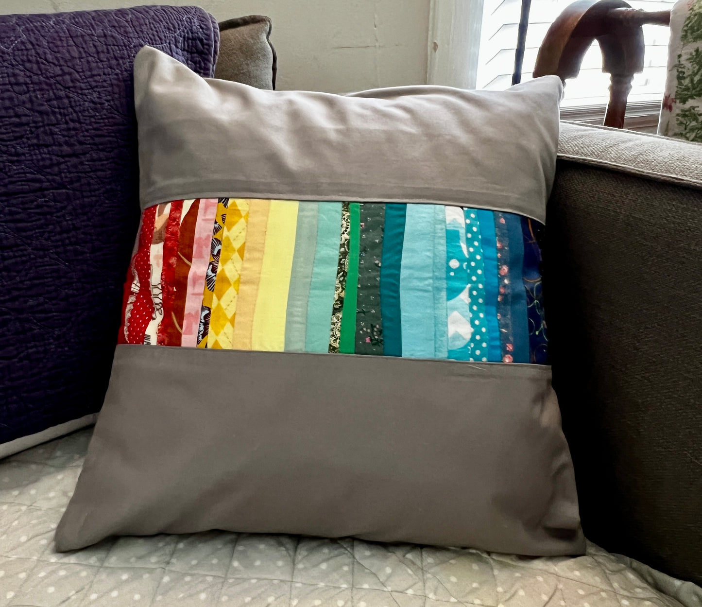 rainbow scraps pillow cover grey