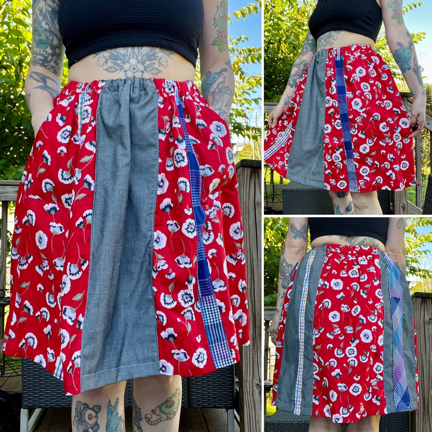 a trio of pictures, different views of a patchwork skirt