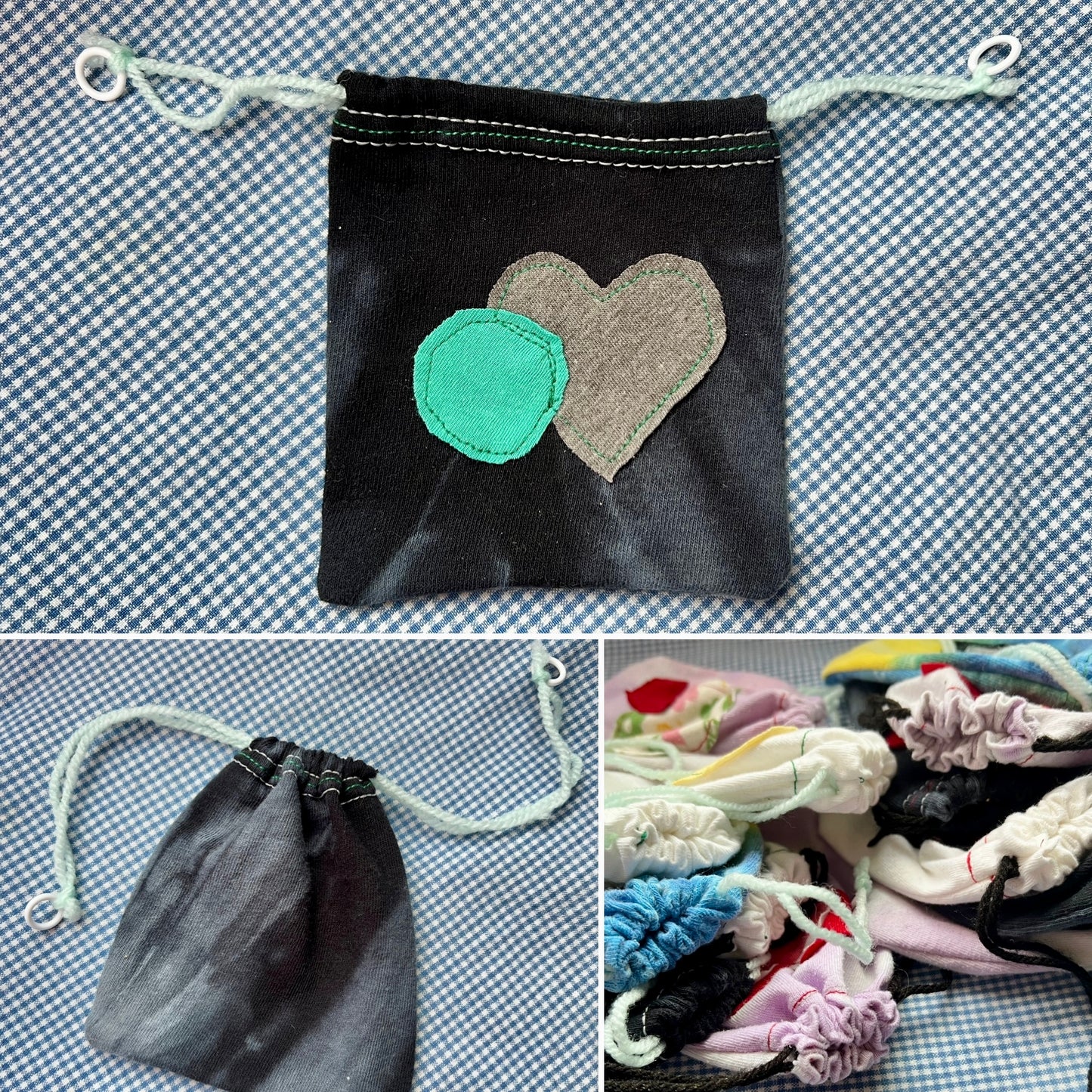 Small Drawstring Bag - Created From Upcycled Materials - Tshirt with Appliqué