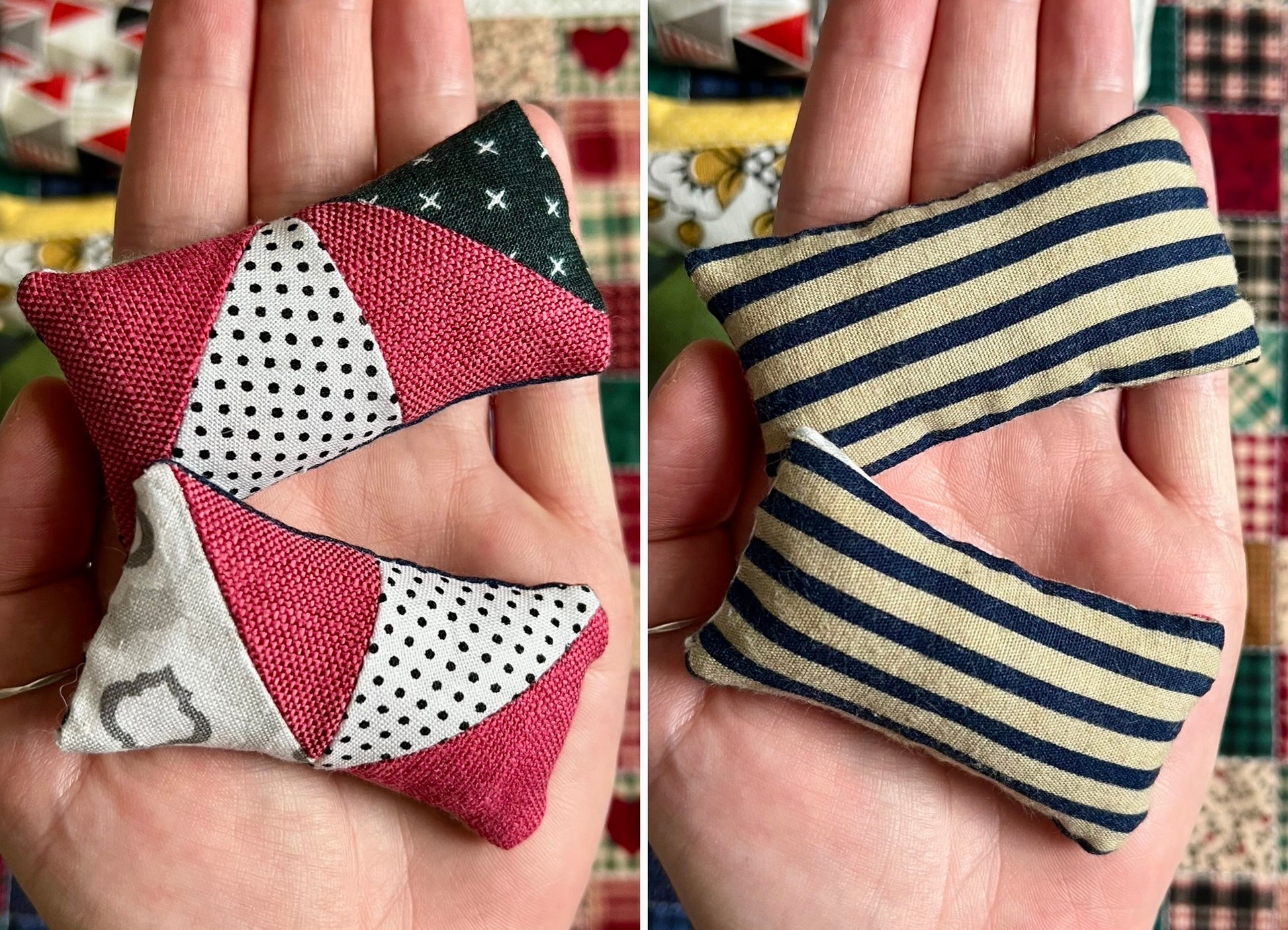 Two fabric pillows, front with geometric patchwork pattern and the back with stripes, held in a hand.