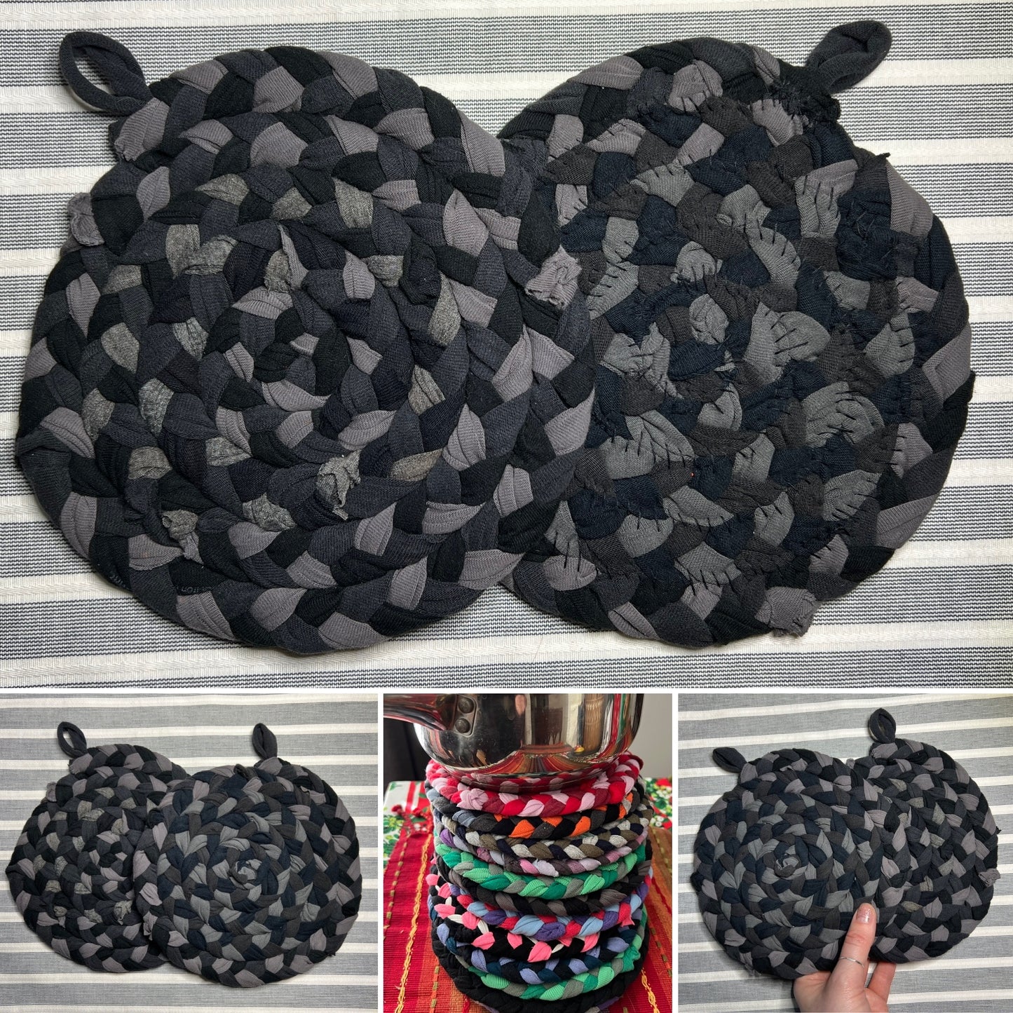 Trivet Potholders - Cool Colors Collection - Handbraided & Handsewn - Set of Two