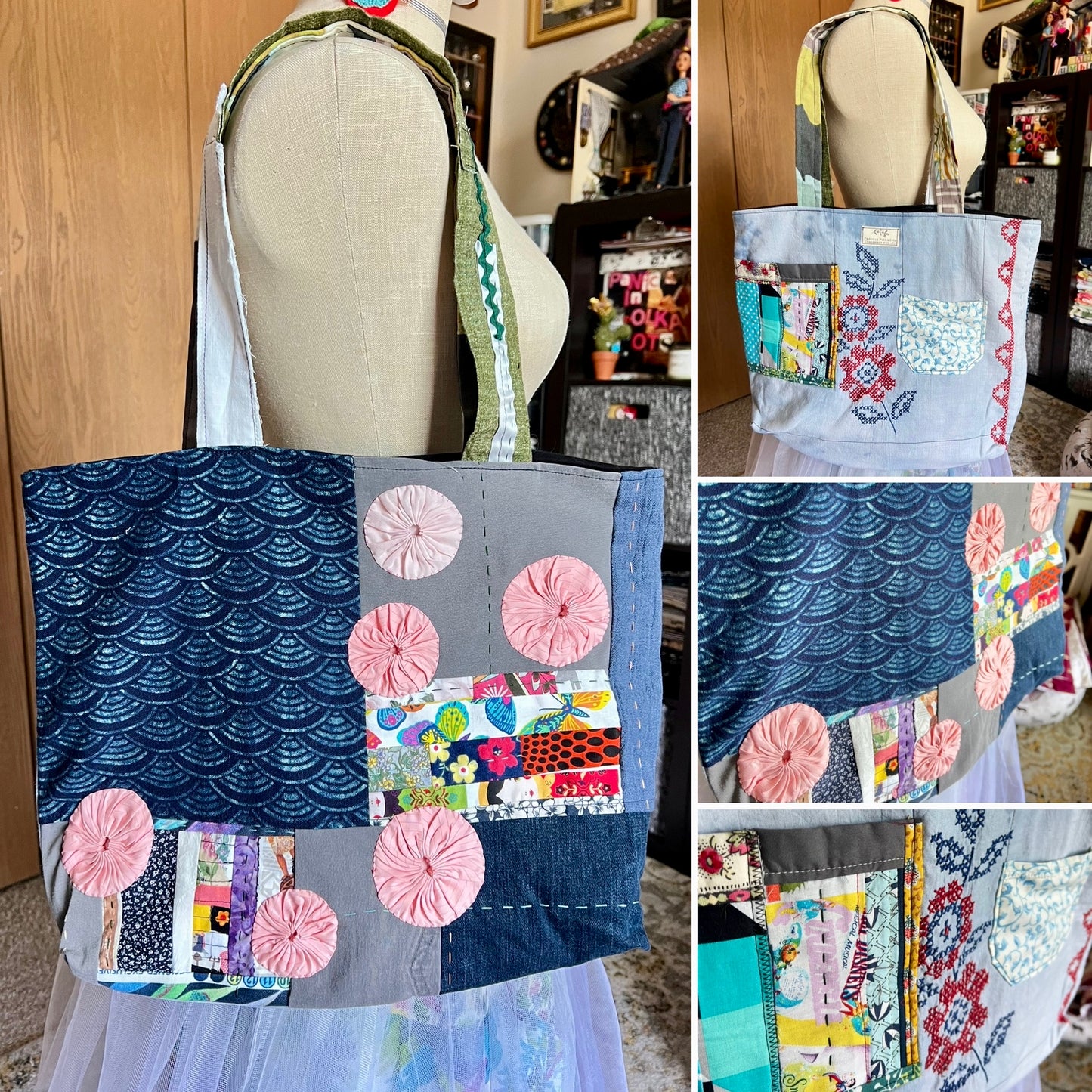 Perfectly Imperfect Tote Bags - Large Quilted - Bright Yoyos - Denim or Khaki Patchwork