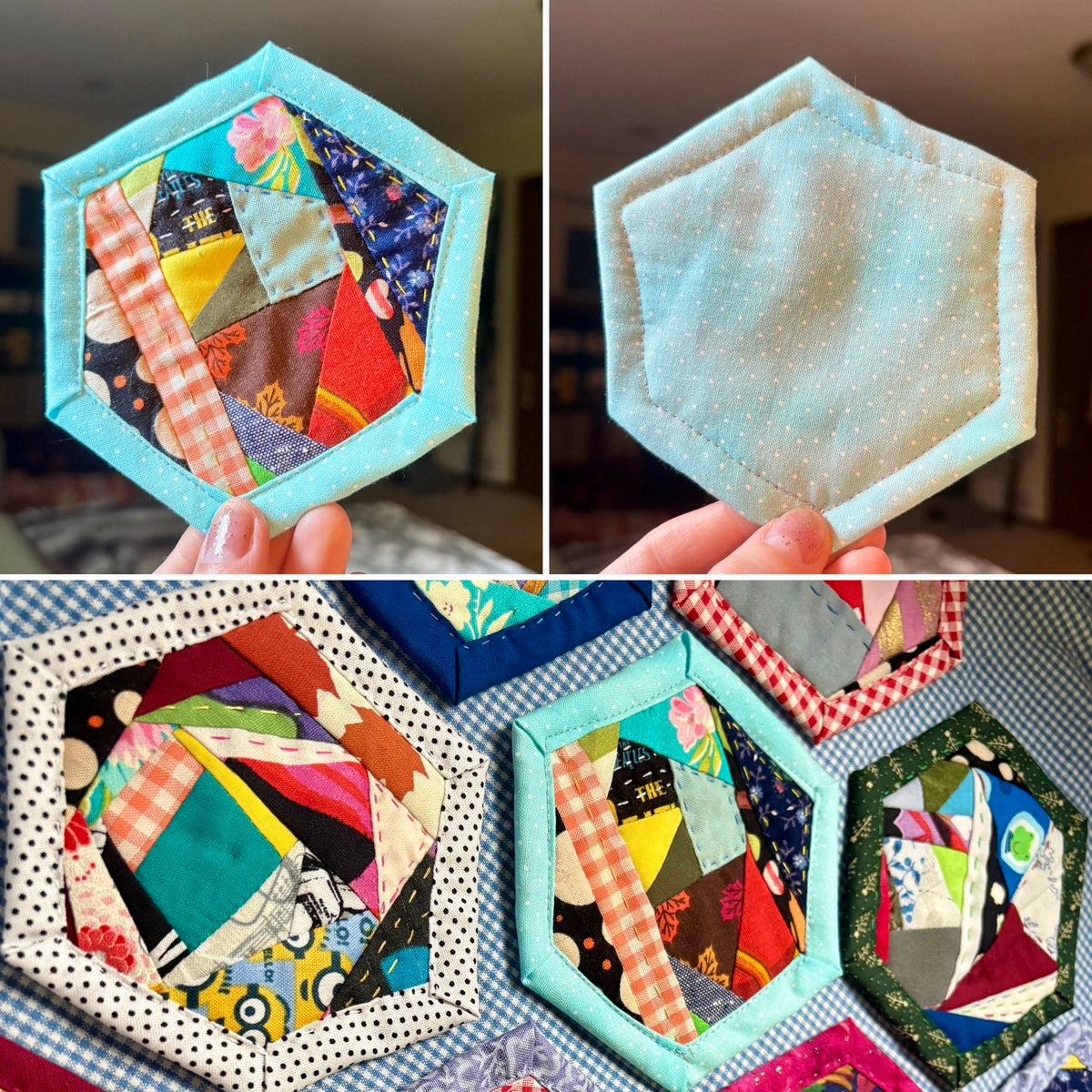 Quilted Coaster - Washable and Reusable - Squares or Hexagons -  Set of One