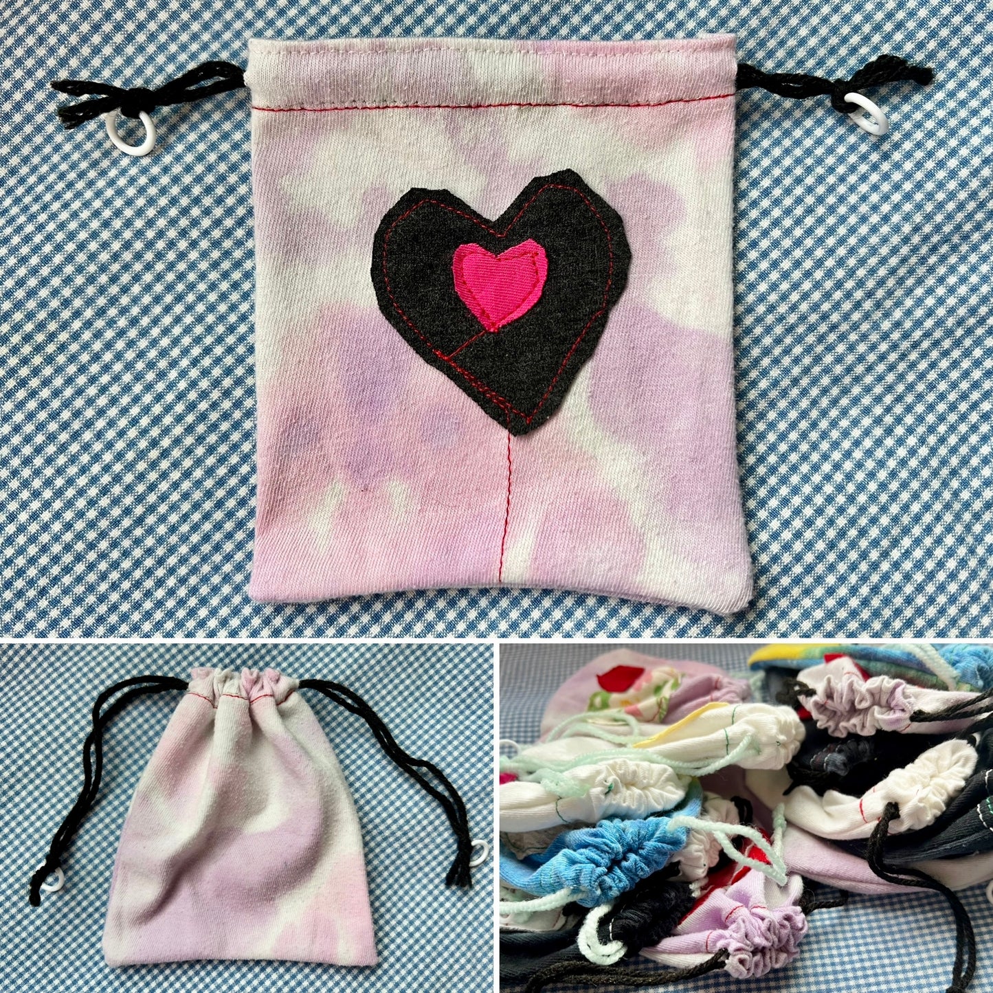 Small Drawstring Bag - Created From Upcycled Materials - Tshirt with Appliqué