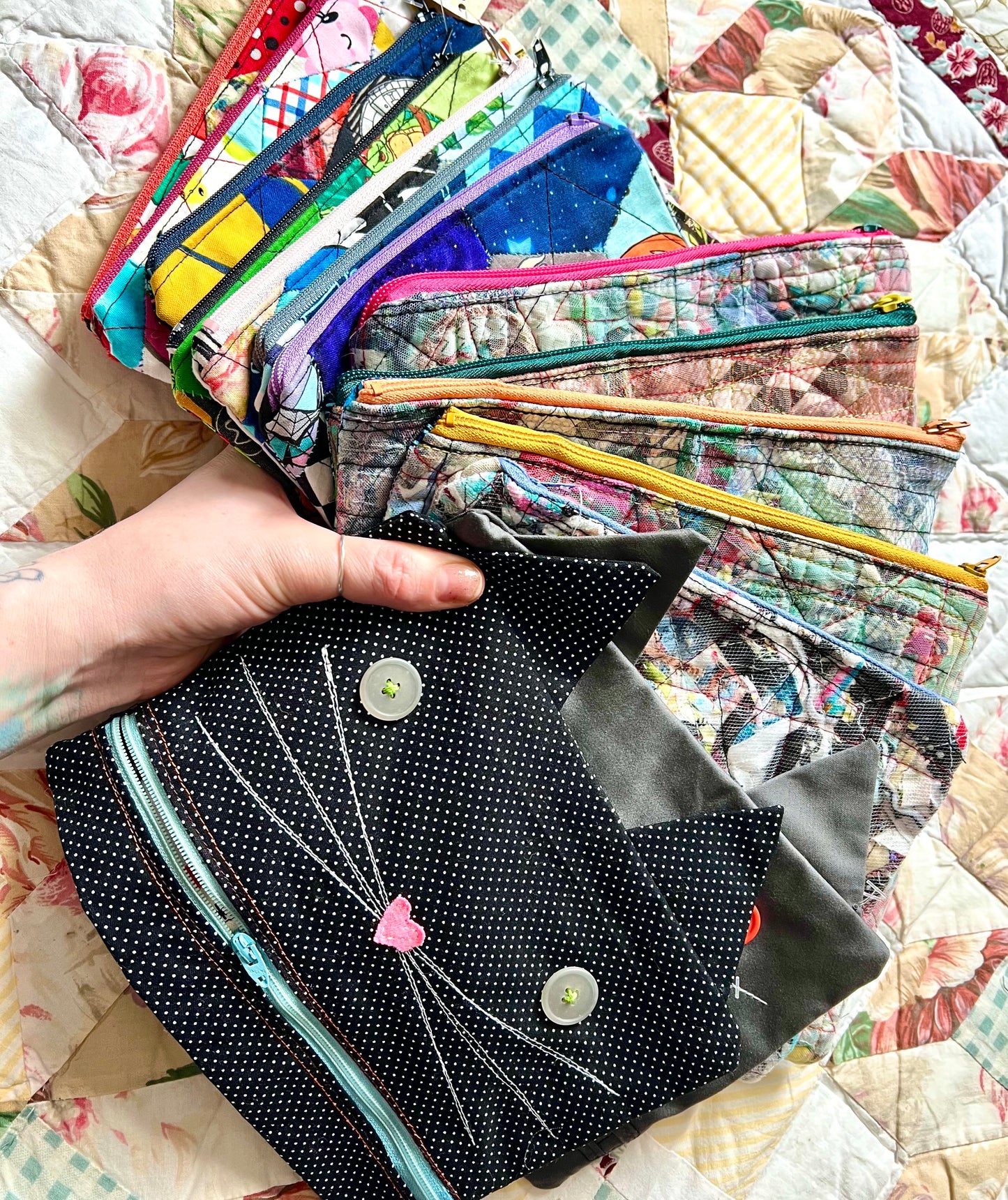 Zipper Pouch - Hexie Scraps, Mesh Over Scraps or Catface