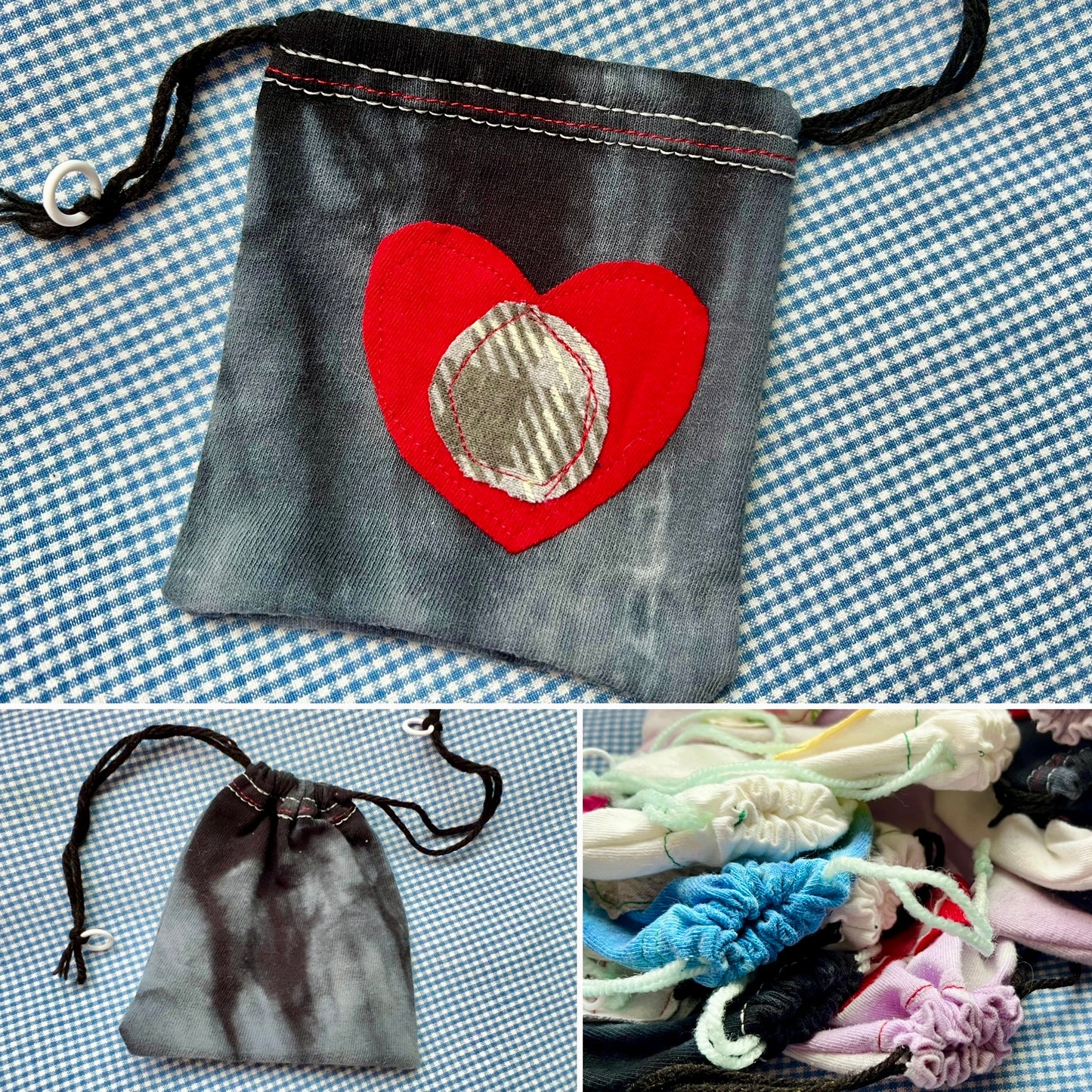 Small Drawstring Bag - Created From Upcycled Materials - Tshirt with Appliqué