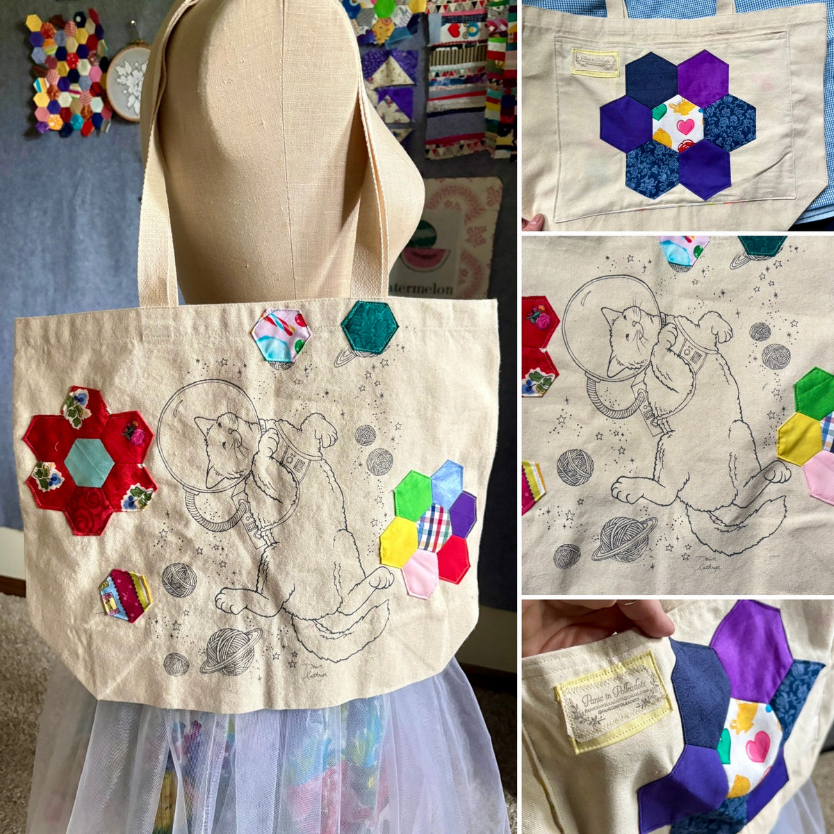 Perfectly Imperfect Tote Bags - Large Quilted - Bright Yoyos - Denim or Khaki Patchwork- Vintage Quilt