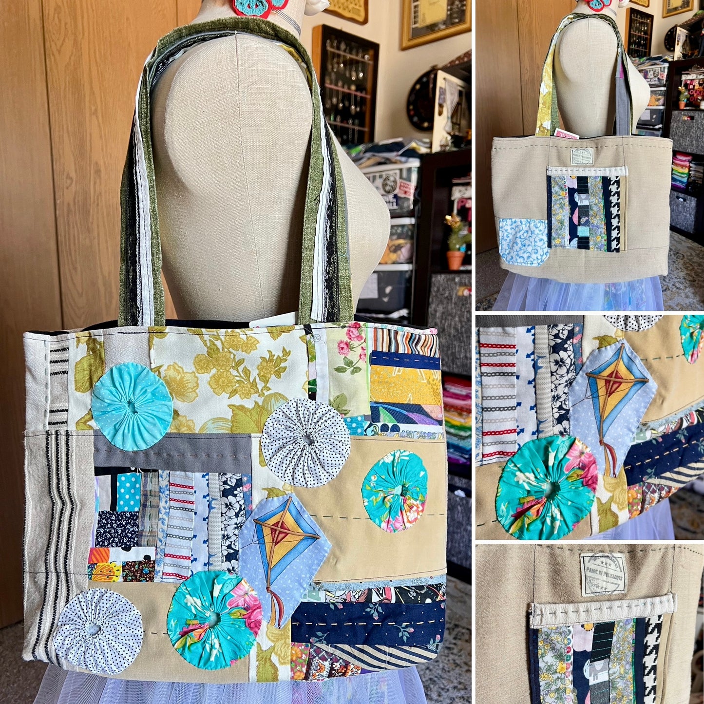 Perfectly Imperfect Tote Bags - Large Quilted - Bright Yoyos - Denim or Khaki Patchwork