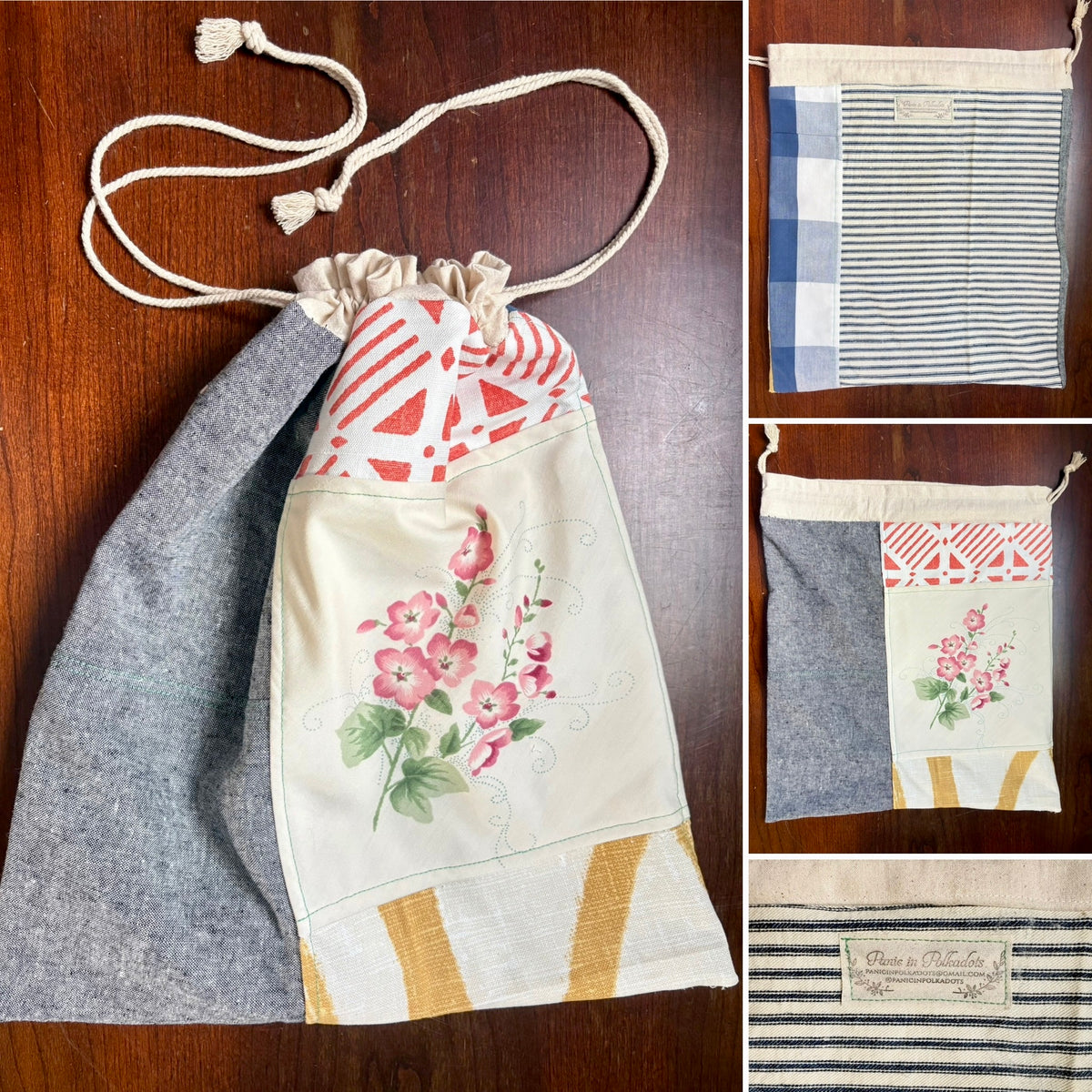 Drawstring Bag - Created From Upcycled Materials - Small Tshirt Pouch with Appliqué or Large Project Back with Patchwork