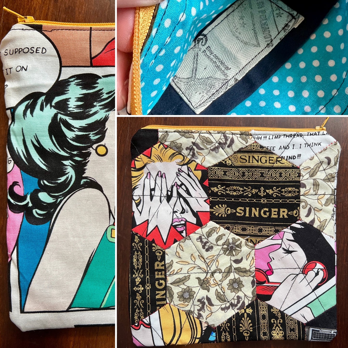 Hexie Pouch - Handsewn Fabric Zipper Pouch - Upcycled Reusable Bag Zip Pouch