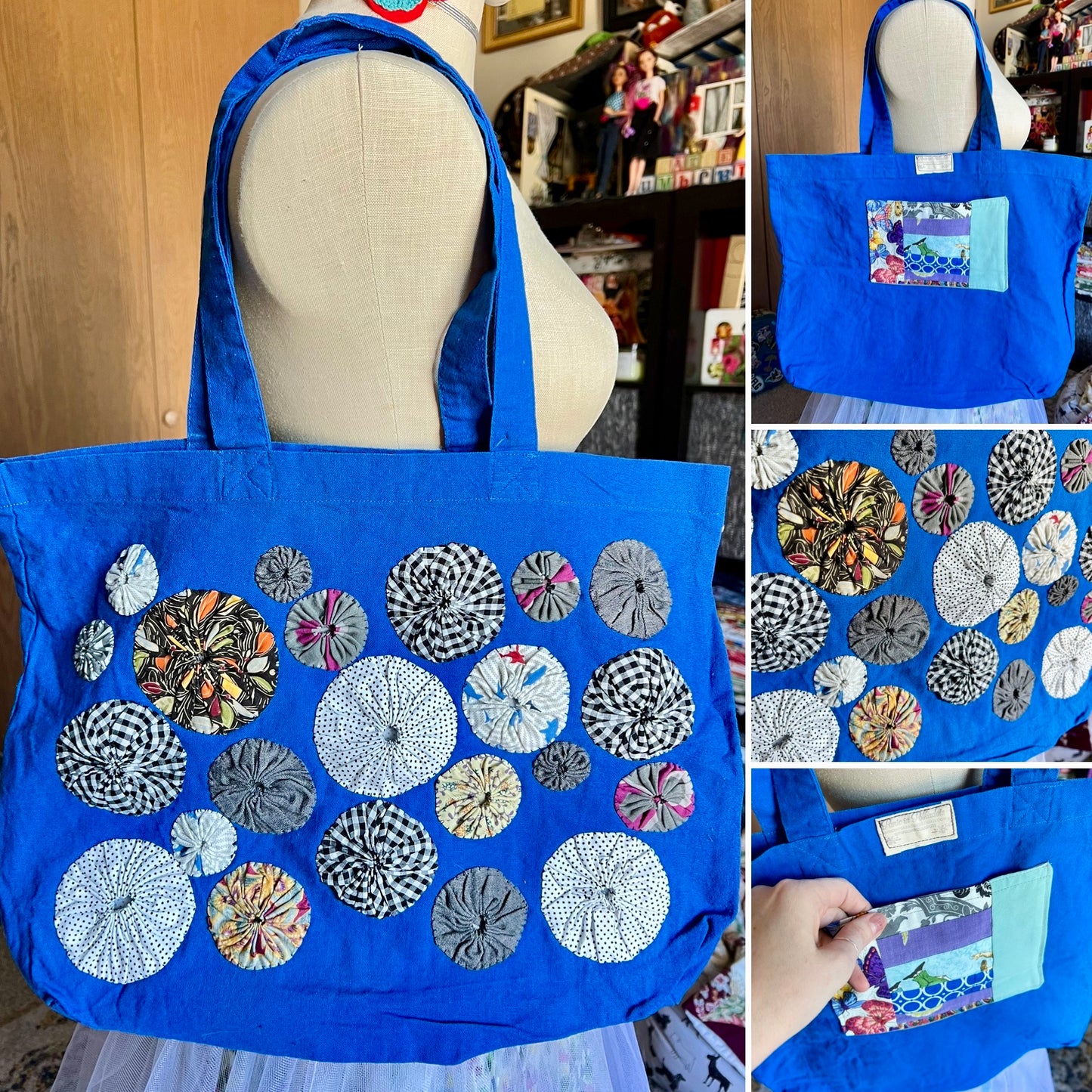 Perfectly Imperfect Tote Bags - Large Quilted - Bright Yoyos - Denim or Khaki Patchwork