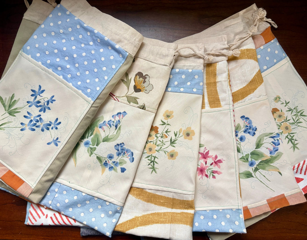 Drawstring Bag - Created From Upcycled Materials - Small Tshirt Pouch with Appliqué or Large Project Back with Patchwork