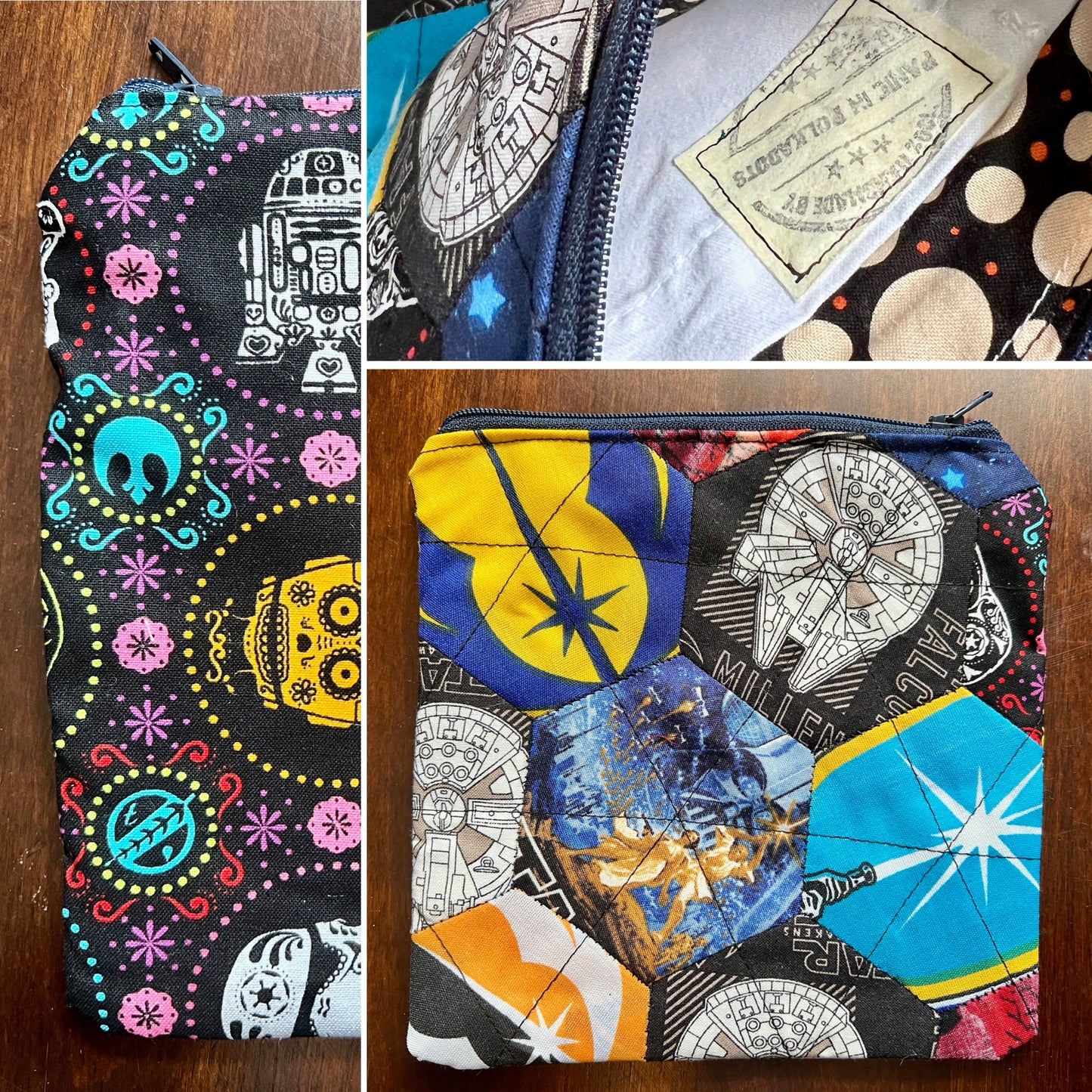 Hexie Pouch - Handsewn Fabric Zipper Pouch - Upcycled Reusable Bag Zip Pouch