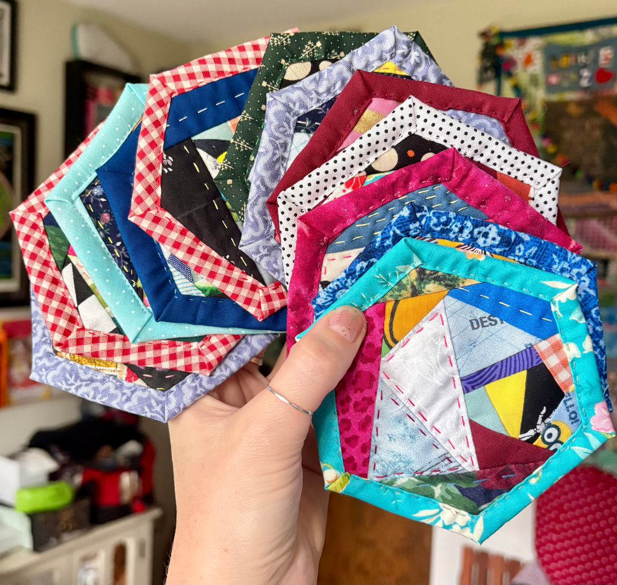 Quilted Coaster - Washable and Reusable - Squares or Hexagons -  Set of One