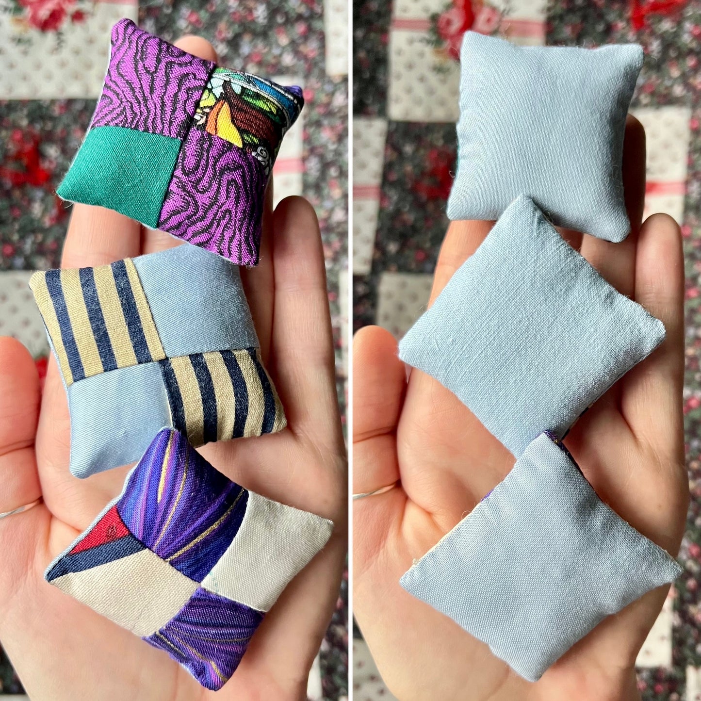 Doll Pillows E - Patchwork Sold Individually - FourSquare, Diagonal, and Tiny Strips - 1:12 Scale