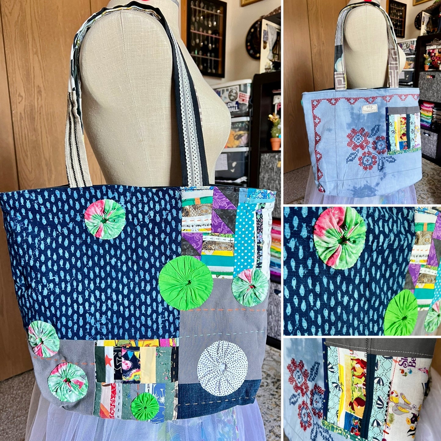 Perfectly Imperfect Tote Bags - Large Quilted - Bright Yoyos - Denim or Khaki Patchwork