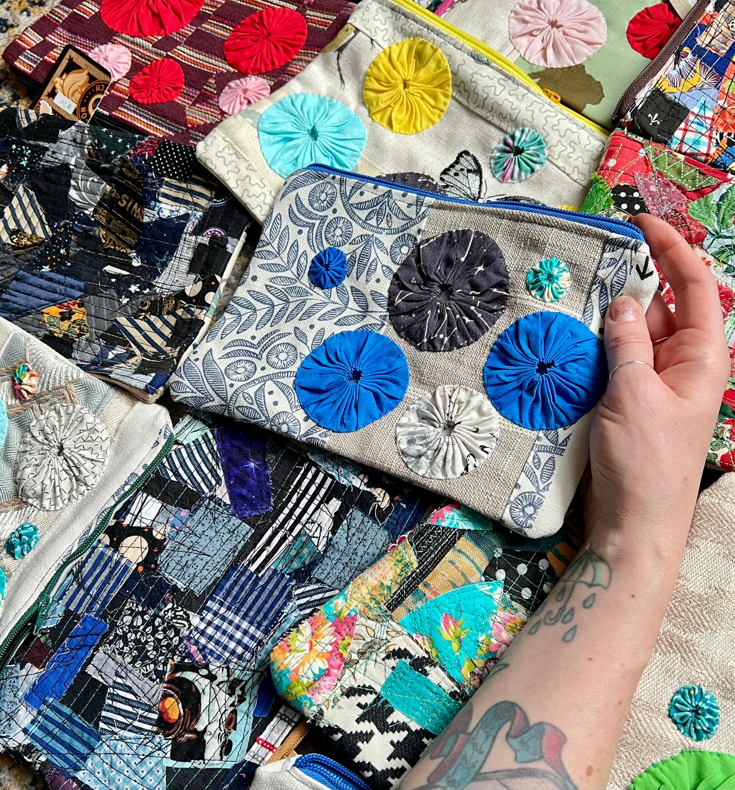 Designer Fabric Zipper Pouch - Sashiko Stitch and Scrappy Yoyos