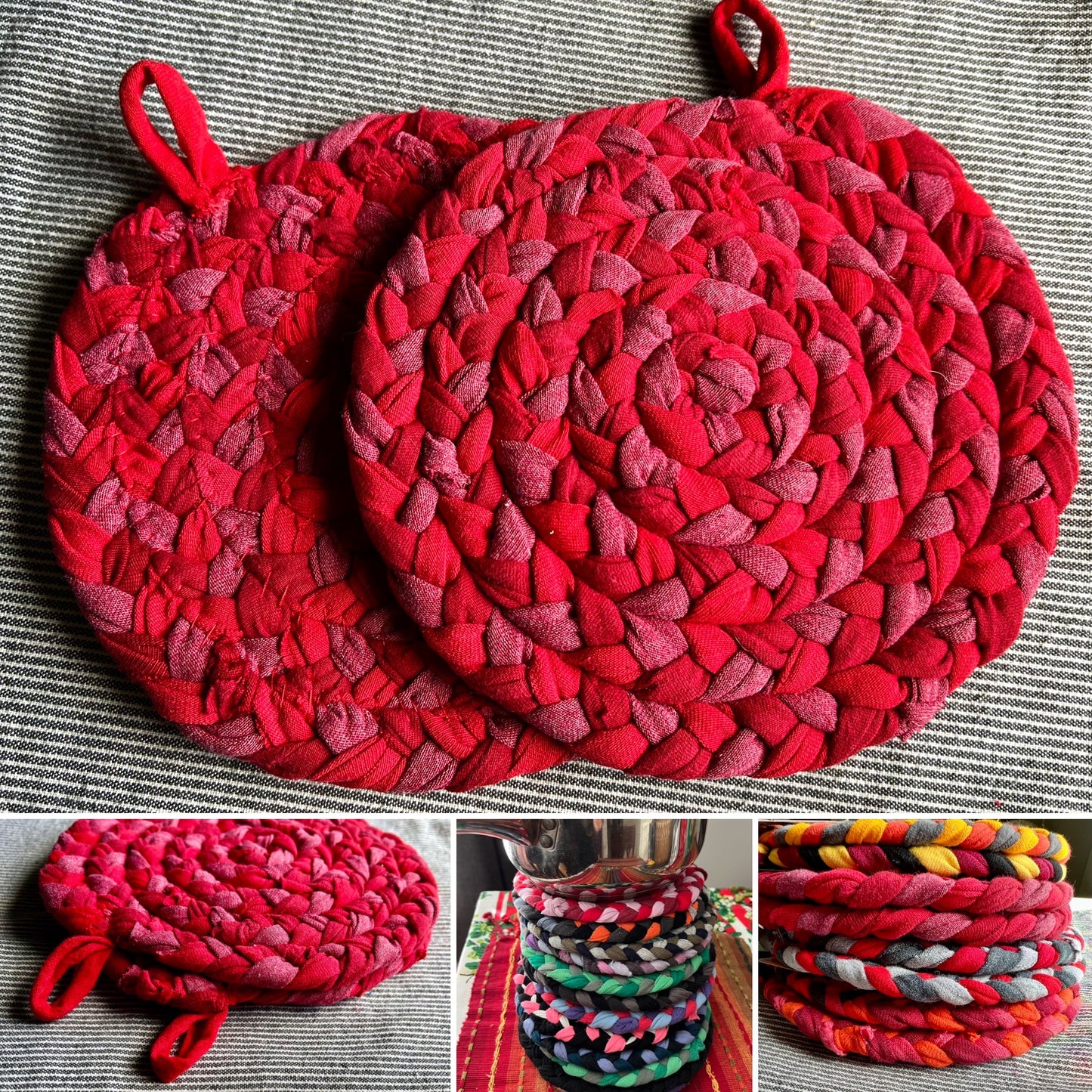 Trivet Potholders - Warm Colors Collection - Handbraided & Handsewn - Set of Two