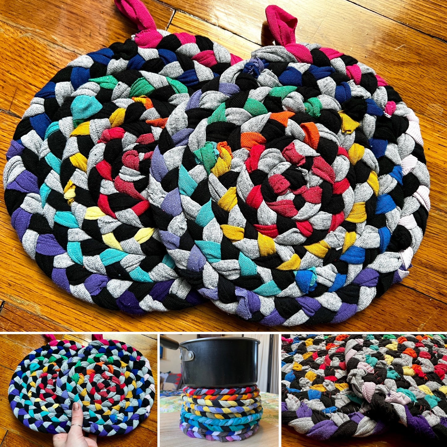 Fruity Rainbow Trivet Potholders - Handbraided & Handsewn - Set of Two