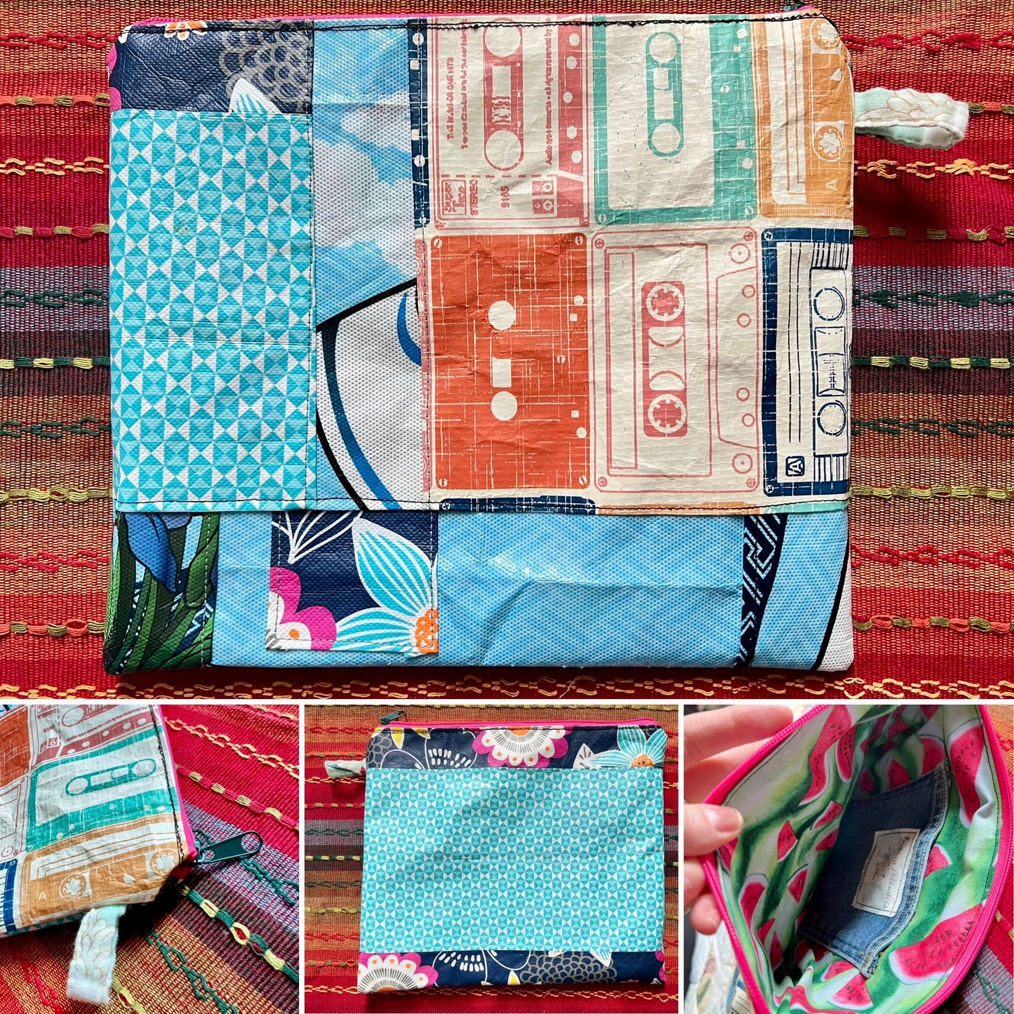 Ipad or Tablet Case Zipper Pouch - Quilted Tiny Scraps, Upcycled Market Bag or Designer Fabrics