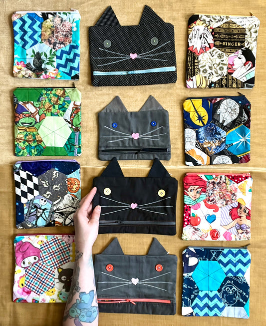 Hexie Pouch - Handsewn Fabric Zipper Pouch - Upcycled Reusable Bag Zip Pouch