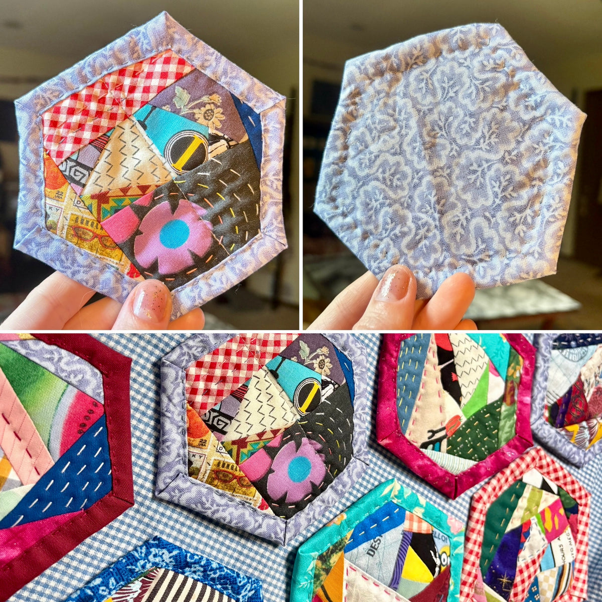 Quilted Coaster - Washable and Reusable - Squares or Hexagons -  Set of One
