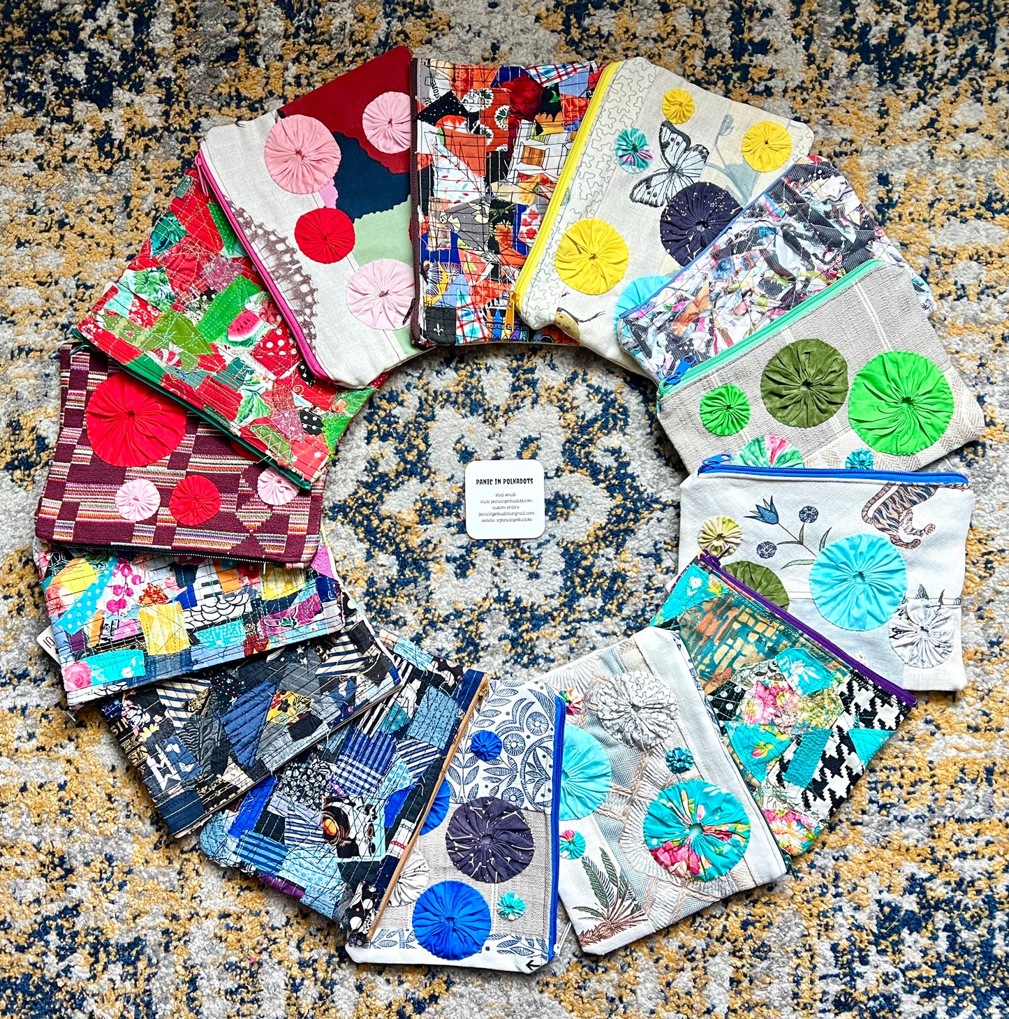 Designer Fabric Zipper Pouch - Sashiko Stitch and Scrappy Yoyos
