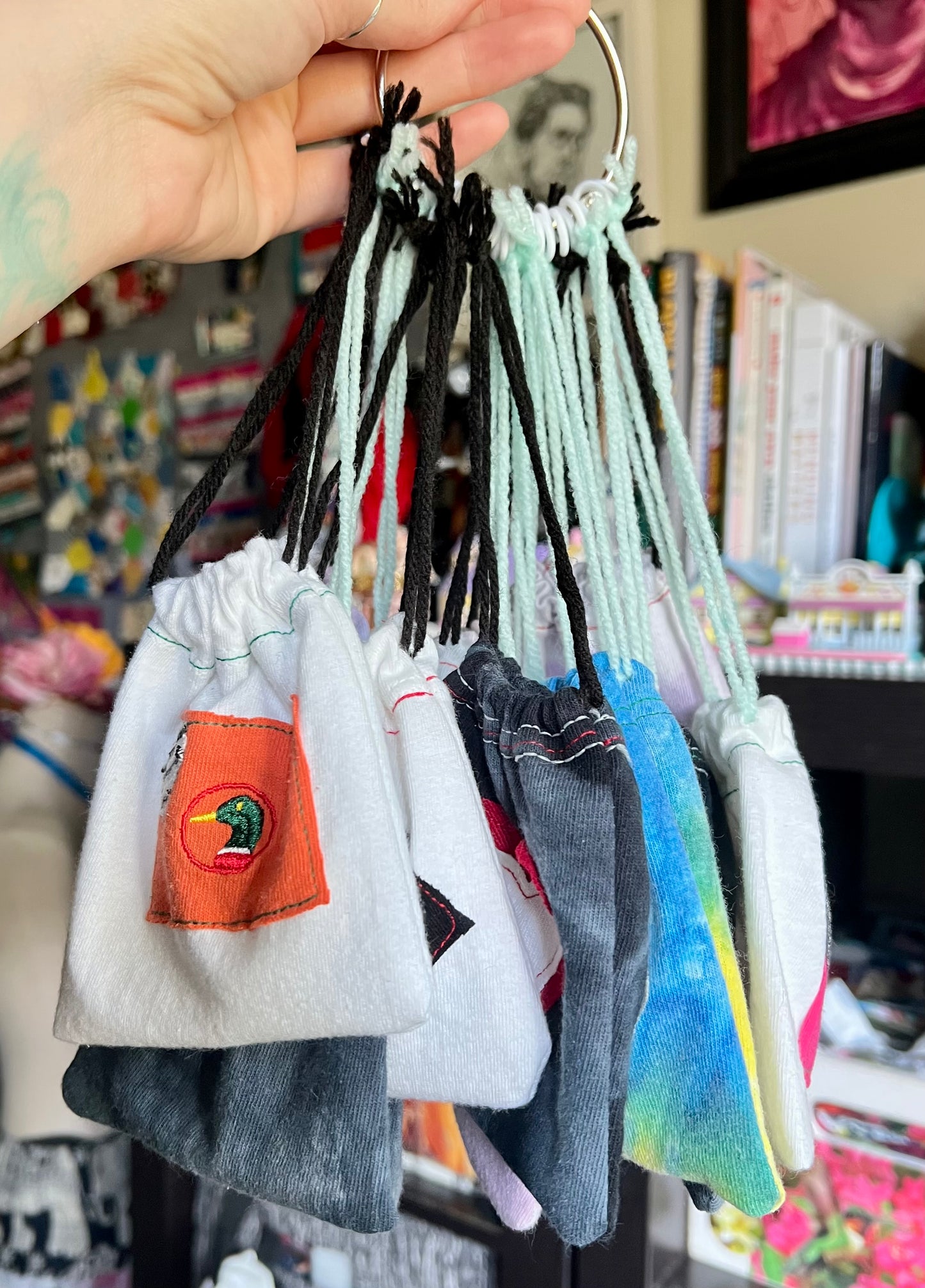 Small Drawstring Bag - Created From Upcycled Materials - Tshirt with Appliqué