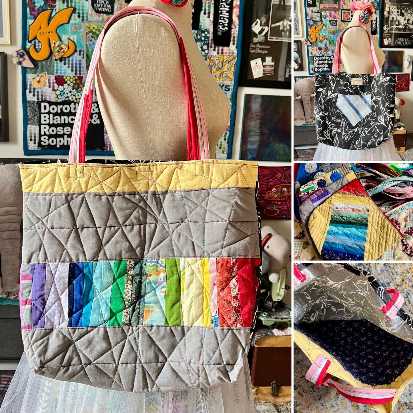 Perfectly Imperfect Tote Bags - Large Quilted - Bright Yoyos - Denim or Khaki Patchwork