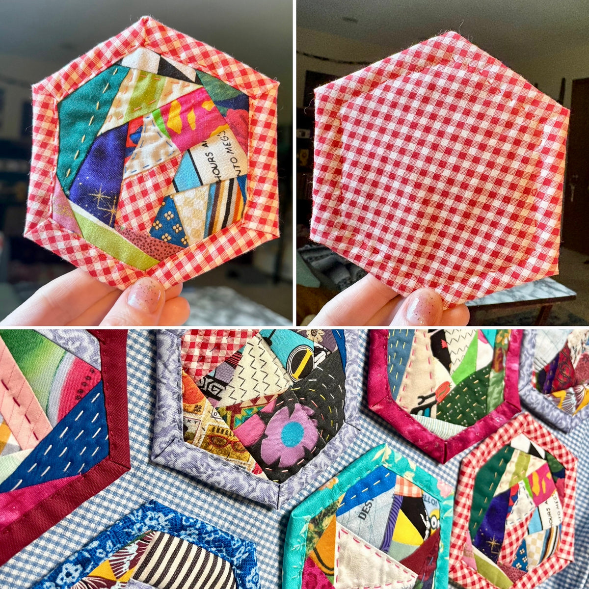 Quilted Coaster - Washable and Reusable - Squares or Hexagons -  Set of One