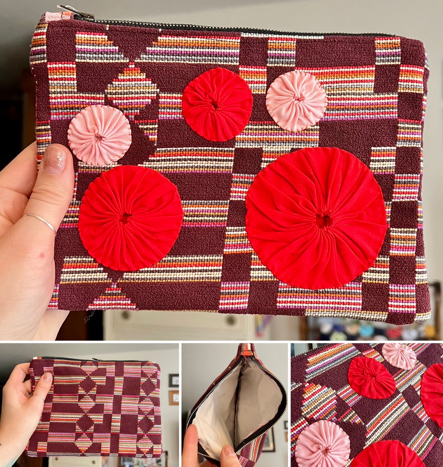 Designer Fabric Zipper Pouch - Sashiko Stitch and Scrappy Yoyos