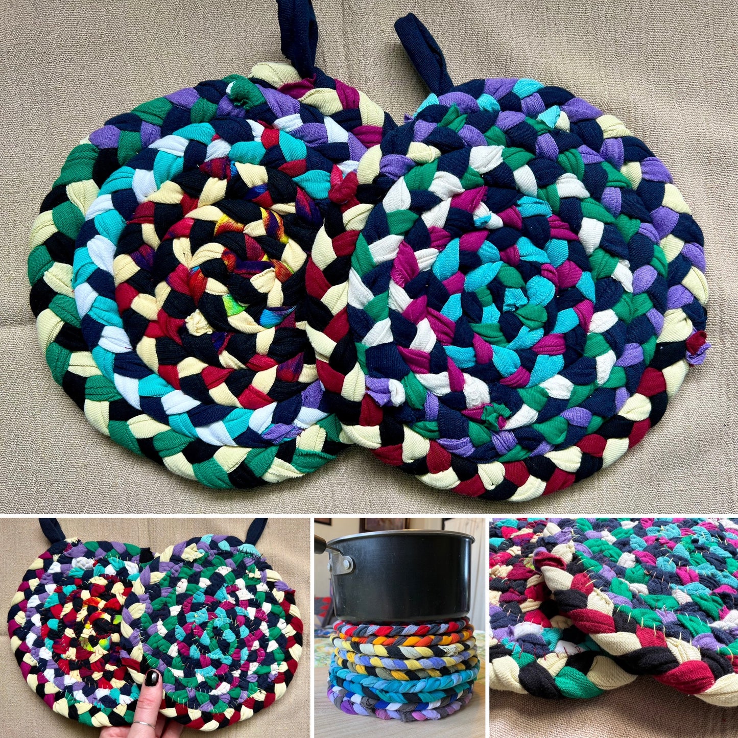 Fruity Rainbow Trivet Potholders - Handbraided & Handsewn - Set of Two