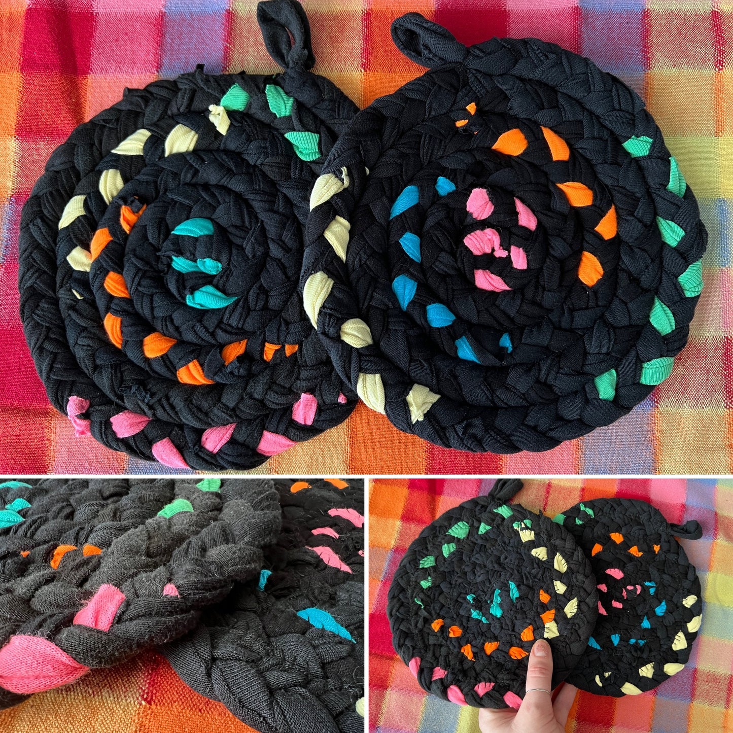 Fruity Rainbow Trivet Potholders - Handbraided & Handsewn - Set of Two