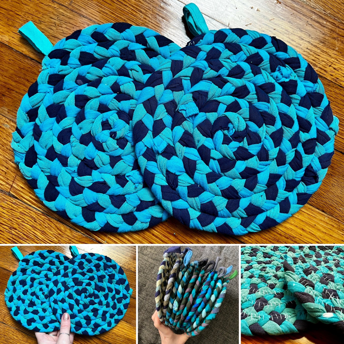 Trivet Potholders - Cool Colors Collection - Handbraided & Handsewn - Set of Two