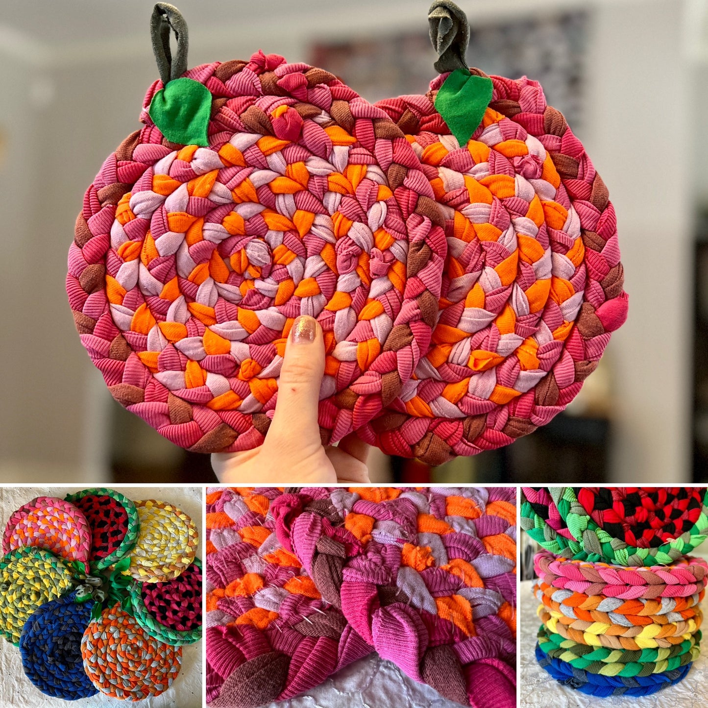 Fruity Rainbow Trivet Potholders - Handbraided & Handsewn - Set of Two
