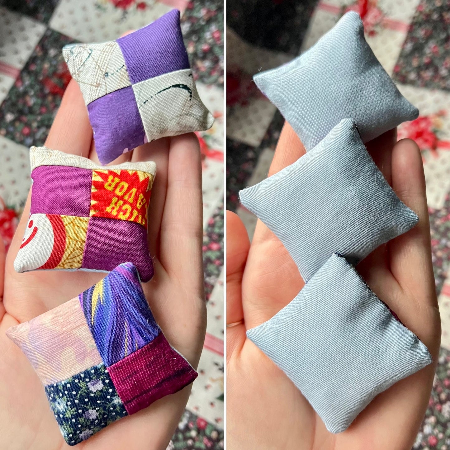 Doll Pillows E - Patchwork Sold Individually - FourSquare, Diagonal, and Tiny Strips - 1:12 Scale