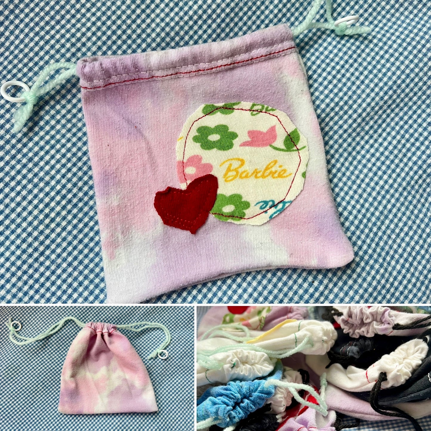 Small Drawstring Bag - Created From Upcycled Materials - Tshirt with Appliqué