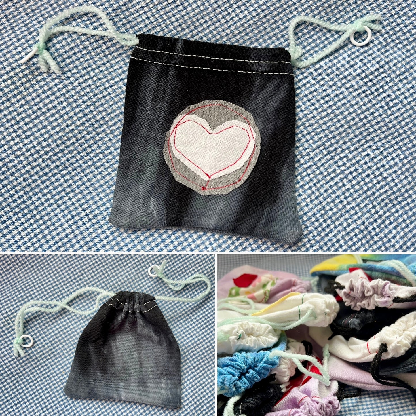Small Drawstring Bag - Created From Upcycled Materials - Tshirt with Appliqué