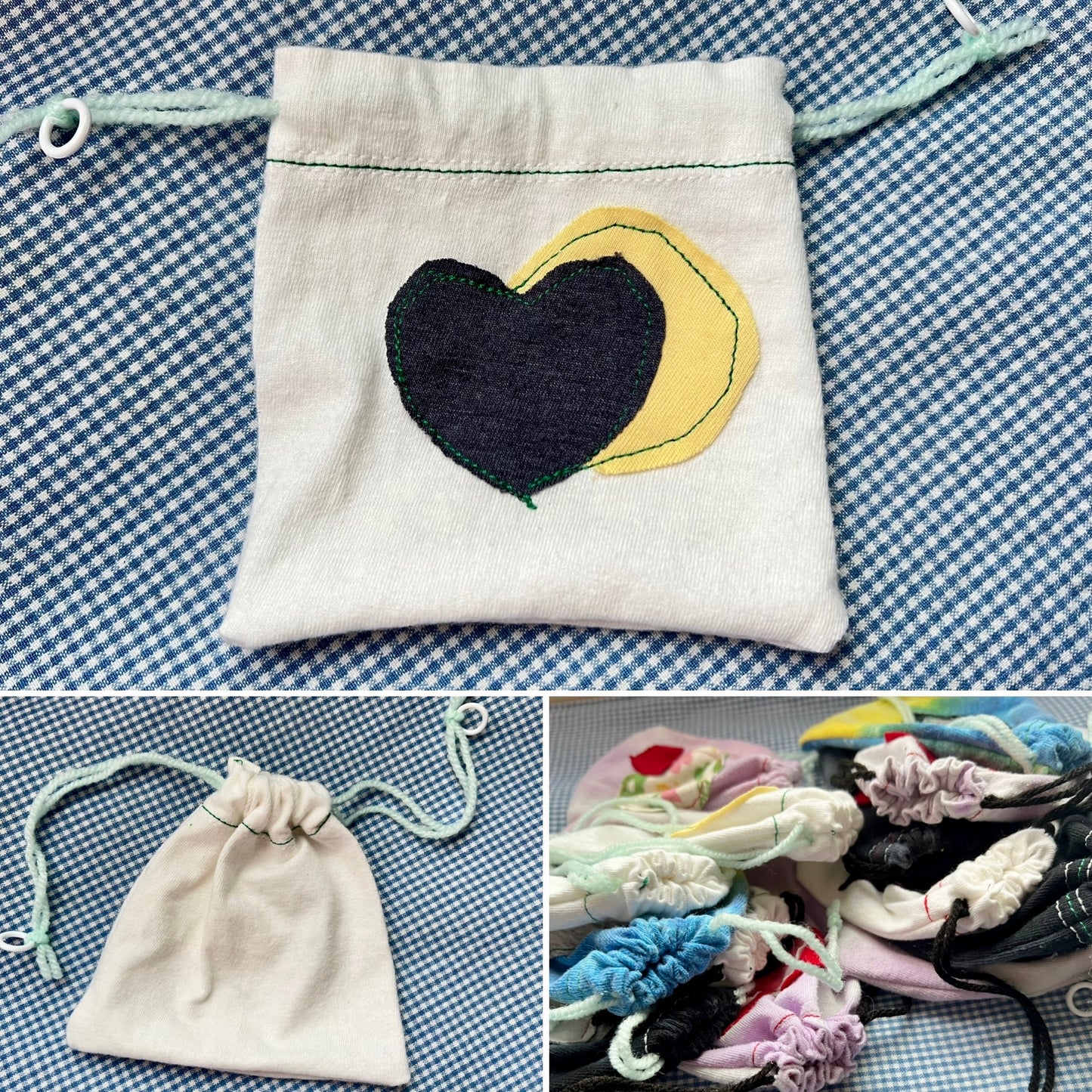 Small Drawstring Bag - Created From Upcycled Materials - Tshirt with Appliqué