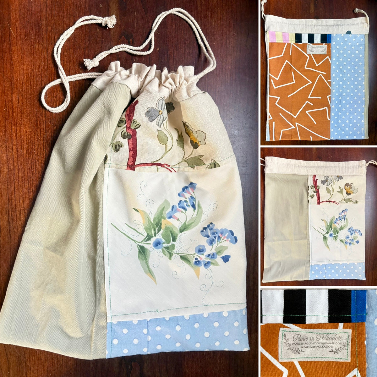 Drawstring Bag - Created From Upcycled Materials - Small Tshirt Pouch with Appliqué or Large Project Back with Patchwork
