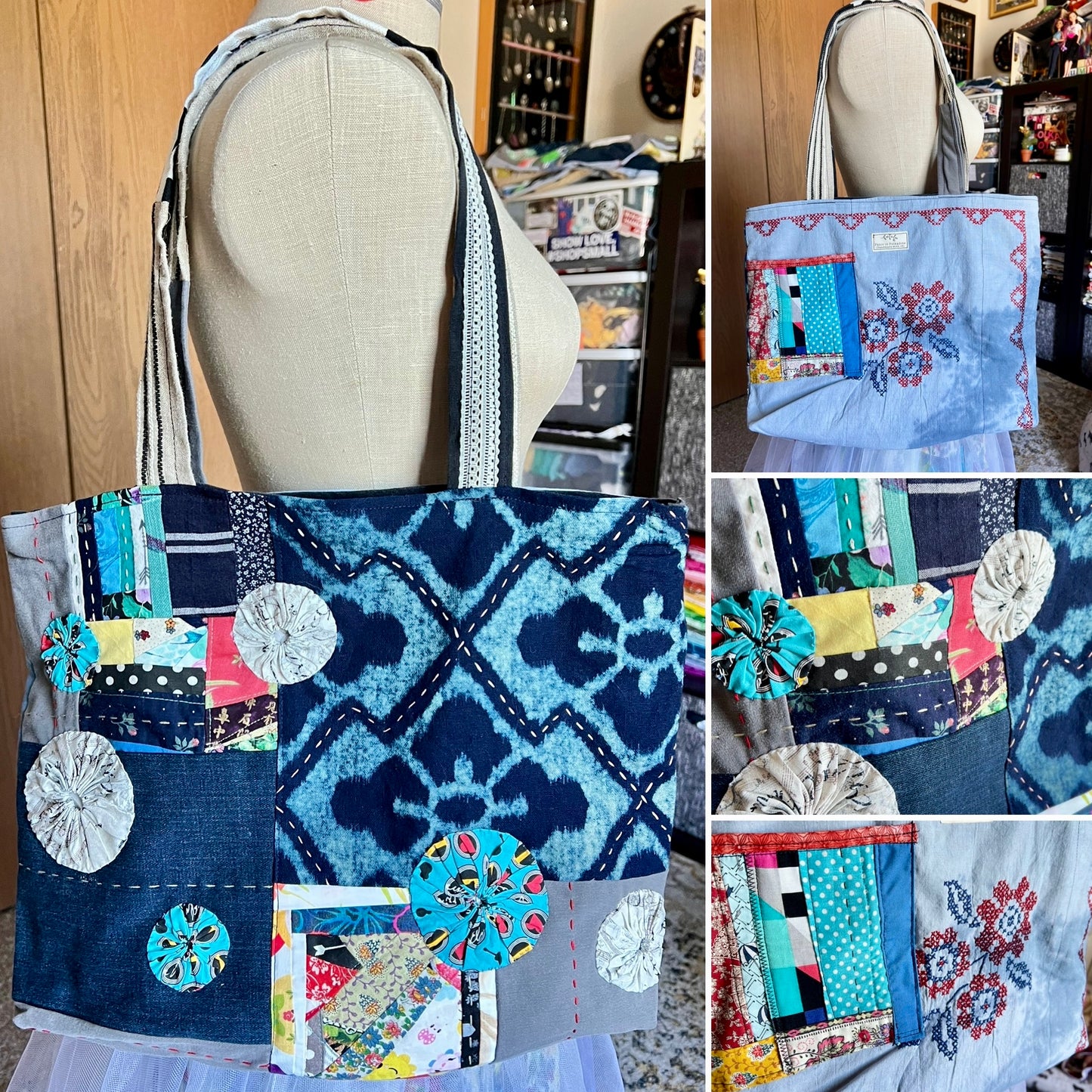 Perfectly Imperfect Tote Bags - Large Quilted - Bright Yoyos - Denim or Khaki Patchwork