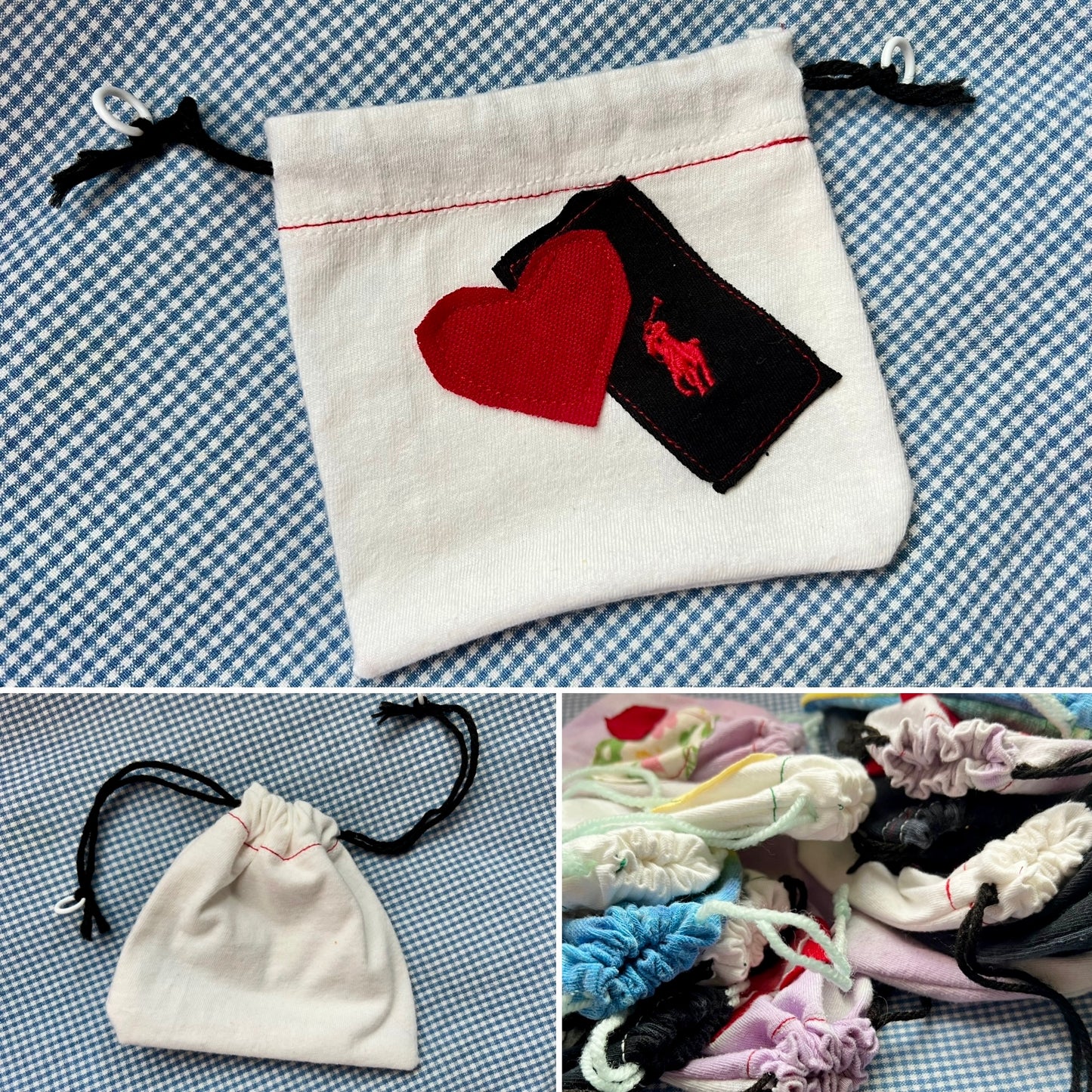 Small Drawstring Bag - Created From Upcycled Materials - Tshirt with Appliqué
