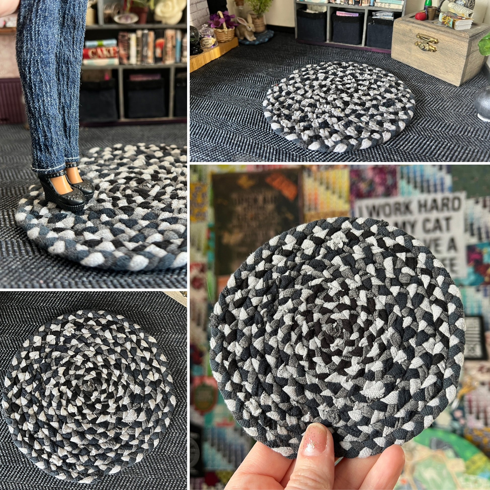 Collage of photos of a miniature braided rug in various settings, showing views of front, back, side, and held in hand for scale. 