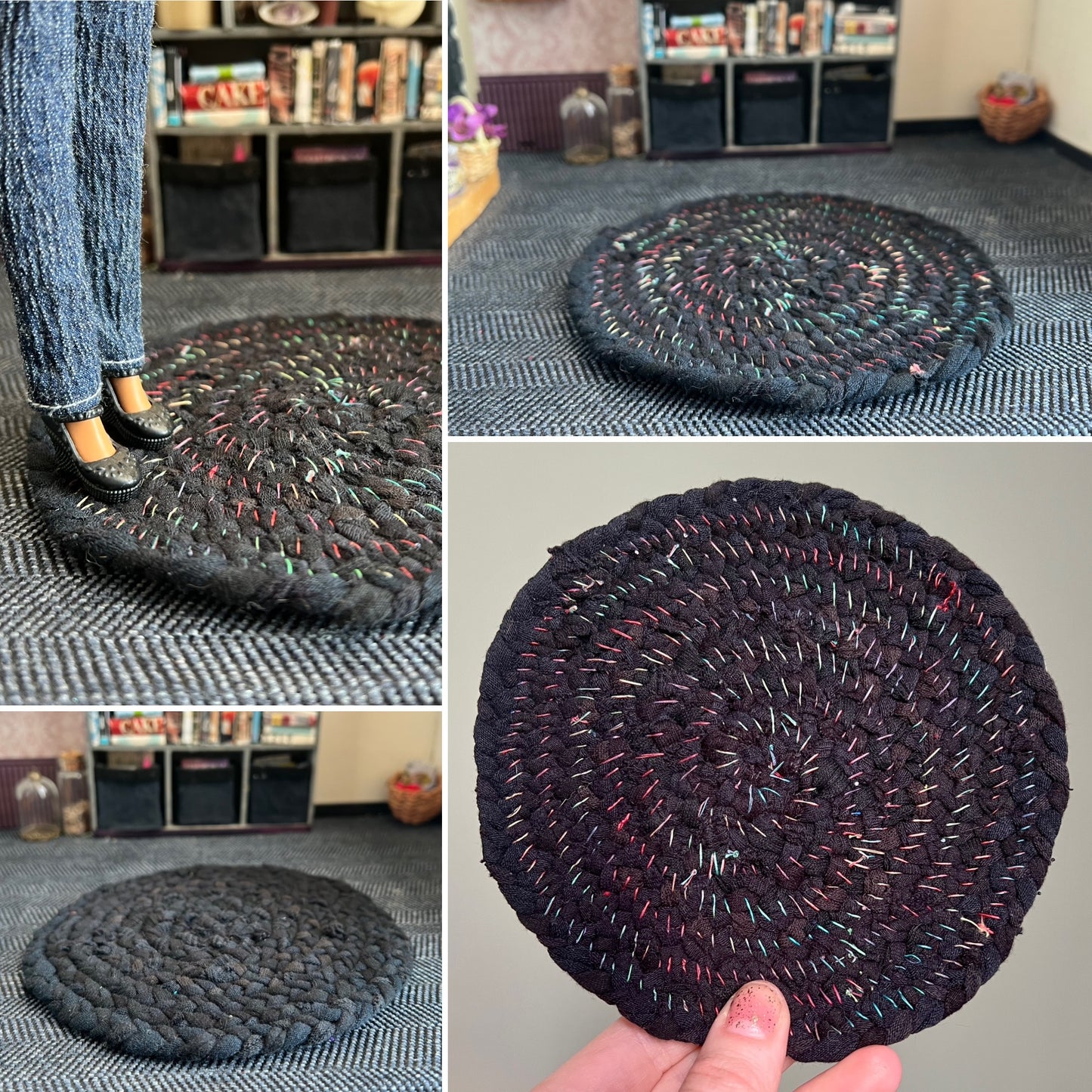 Collage of photos of a miniature braided rug in various settings, showing views of front, back, side, and held in hand for scale. 