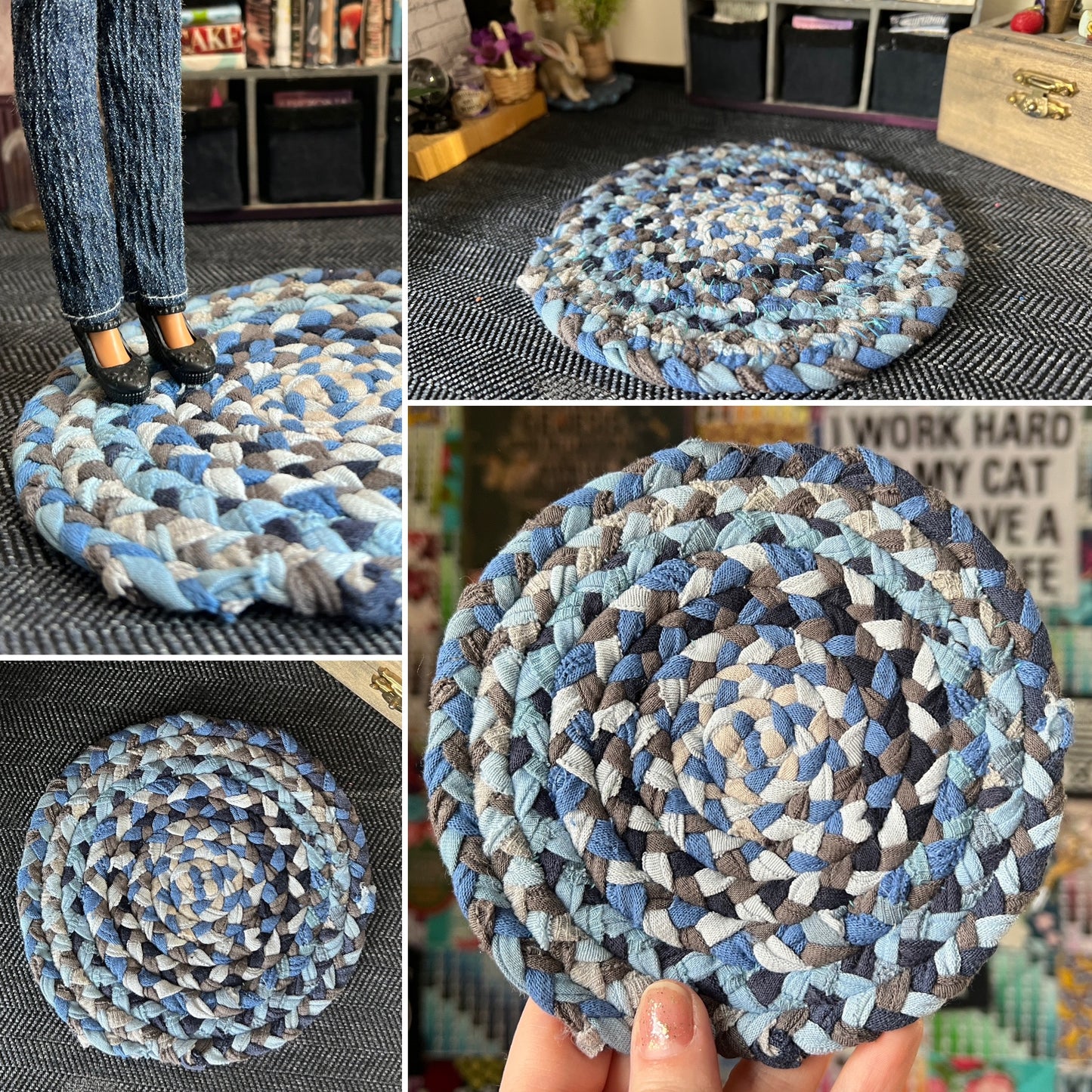 Collage of photos of a colorful braided rug in various settings, showing views of front, back, side, and held in hand for scale. 