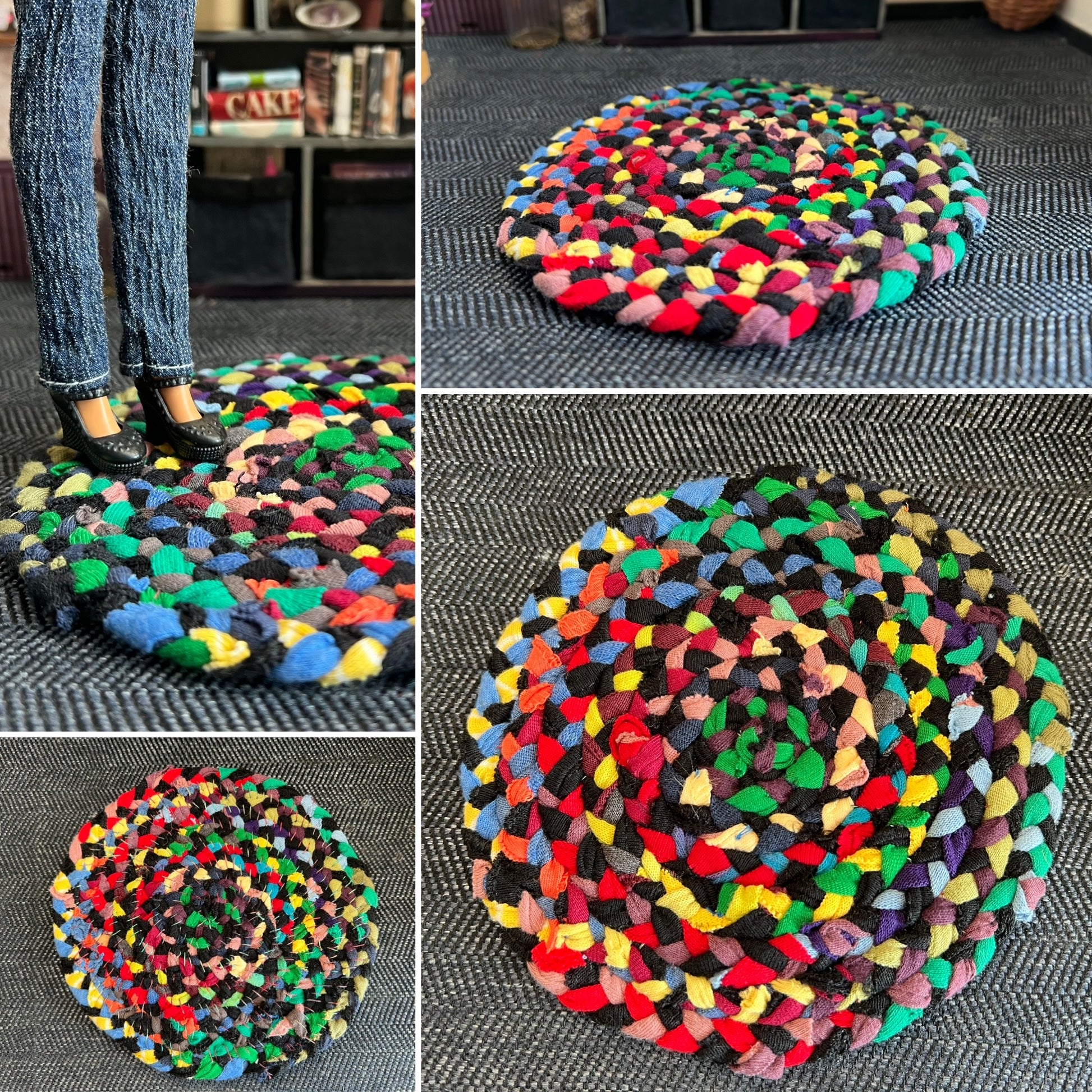 Collage of photos of a miniature braided rug in various settings, showing views of front, back, side, and with doll standing on top.