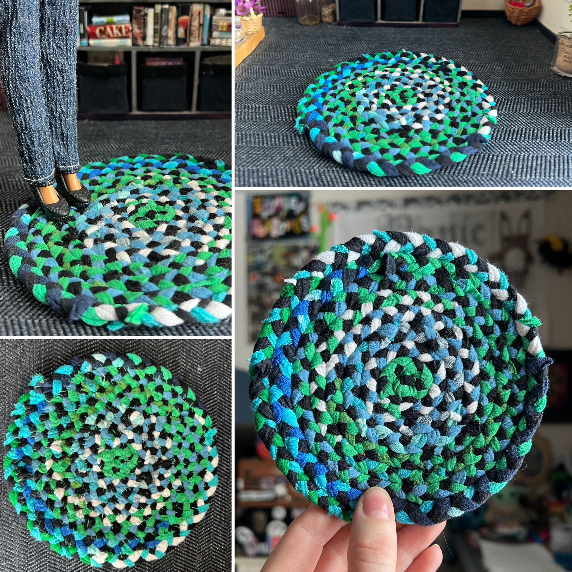 Collage of photos of a miniature braided rug in various settings, showing views of front, back, side, and held in hand for scale. 