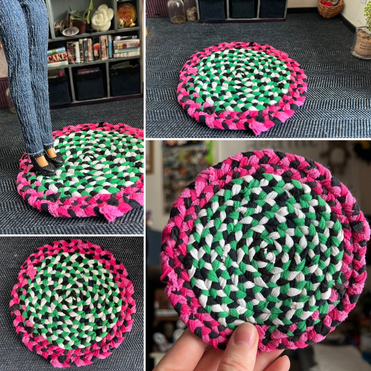 Collage of photos of a miniature braided rug in various settings, showing views of front, back, side, and held in hand for scale. 