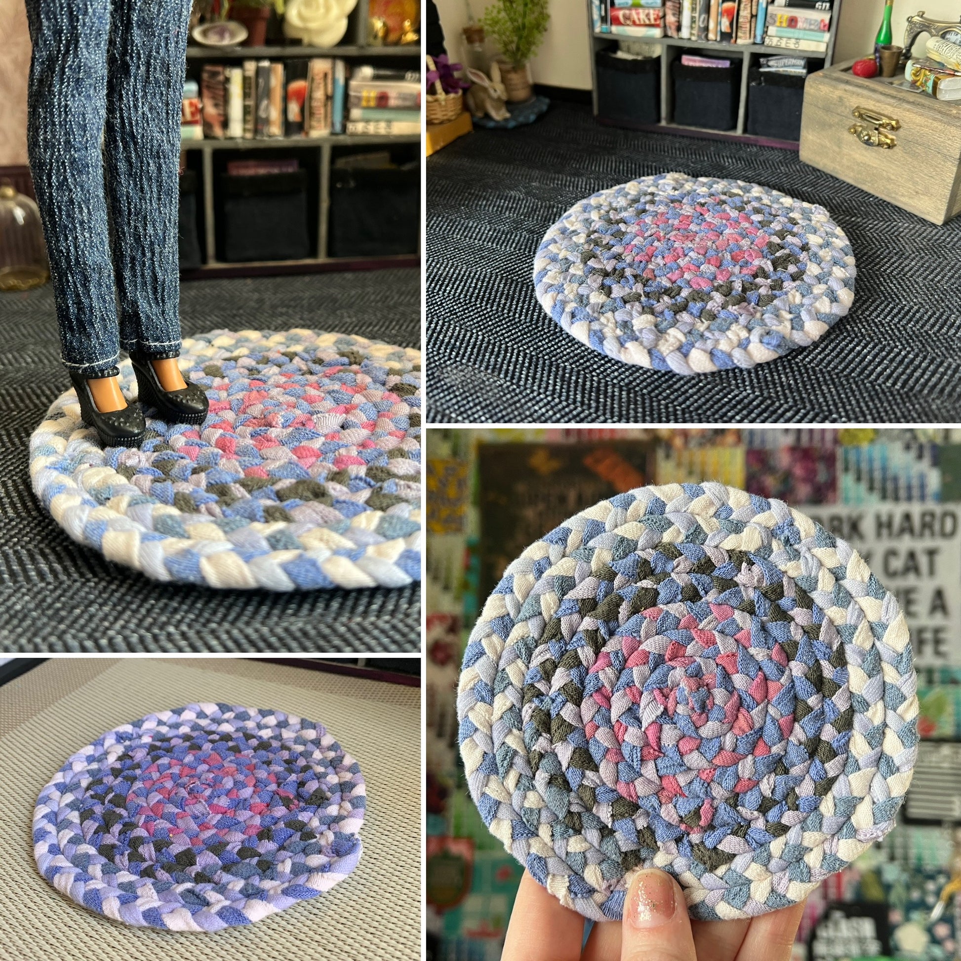 Collage of photos of a miniature braided rug in various settings, showing views of front, back, side, and held in hand for scale. 